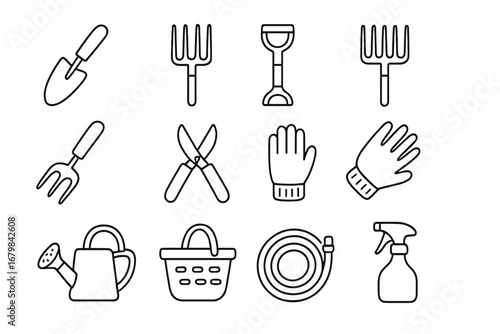 Gardening tools line icon set. Essential garden equipment collection. Vector graphic for agriculture. Concept for horticulture, planting, farming. Outline shovel, fork, gloves.