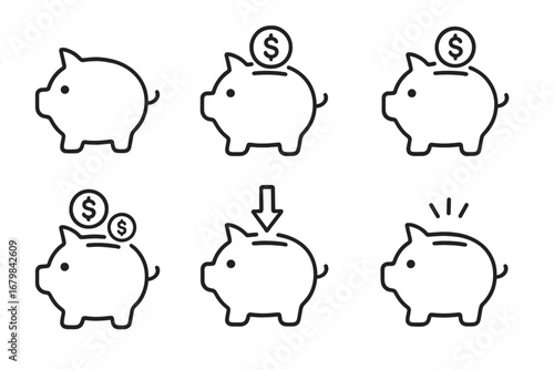 Piggy bank line icon set. Money saving, finance, investment concept. Vector collection of pig moneybox symbols with dollar coin. Editable stroke for banking, budget infographics.