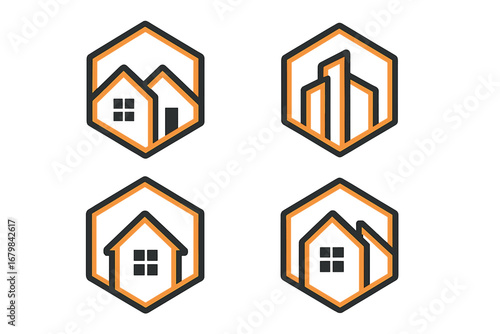 Set of real estate logos. Modern line art icon collection with house and building symbols in hexagon frame. Vector graphic for realtor, property, construction or mortgage company.