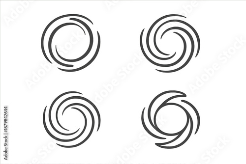 Abstract line circle spin logo design set. Vector vortex, spiral, and swirl icons. Dynamic circular motion symbols for technology or weather concepts. Hurricane, cyclone graphic.