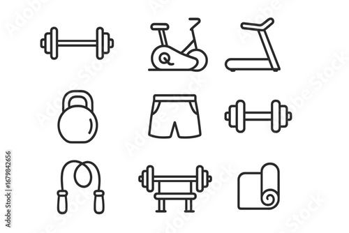 Gym equipment outline icon set for fitness and workout. Health app symbols. Vector line art of dumbbell, treadmill, bike, kettlebell. Bodybuilding & cardio training pictograms.
