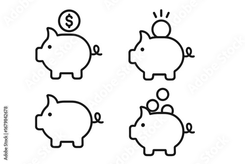 Piggy bank line icon collection for finance and savings concepts. Vector set of simple money box symbols for investment, banking, and economy. Editable stroke illustration.