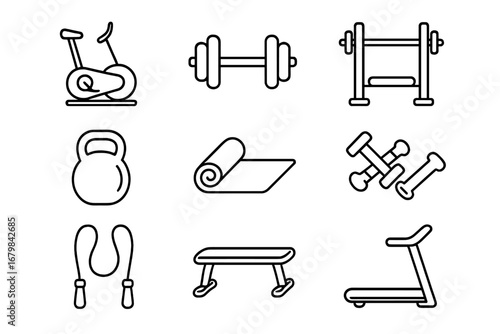 Gym equipment outline icon set. Fitness, exercise, workout vector symbols for health app & web. Barbell, dumbbell, kettlebell, treadmill, jump rope, and yoga mat line art.