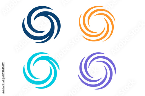 Abstract circle logo design set. Vector collection of spiral, swirl, vortex icons. Dynamic spinning round symbols for corporate identity, technology, business branding concept.