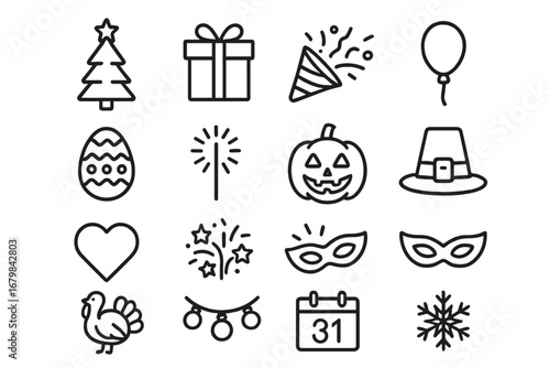 Holiday and festival line icon set. Vector symbols for Christmas, Halloween, Easter, and Thanksgiving. Celebration outline collection for party, new year, and seasonal events.