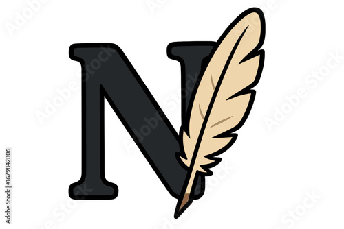 Letter N logo design with a classic feather quill. Vector icon for writer, author, notary, or law firm. Symbol of literature, history, poetry, education, and journalism.