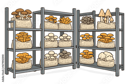 Indoor mushroom farm with various species growing on shelves. Concept for mycology, mushroom cultivation, agriculture, and organic food production. Vector cartoon illustration.