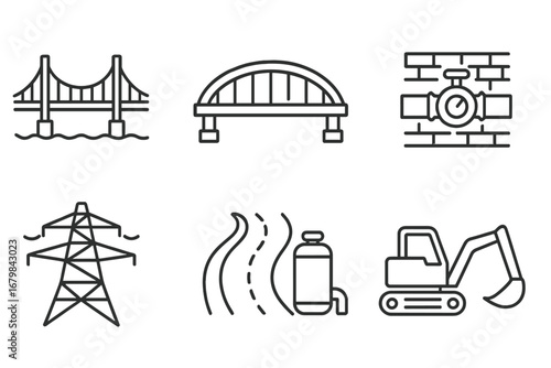 Infrastructure and construction line icon set. Bridge, road, power line, water pipe, gas utility, and excavator symbols. Engineering and public works vector graphics collection.