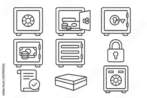 Safe deposit box line icon set. Bank security, finance. Concept of money savings, investment, wealth. Vector symbols for vault, lock, key, document. Editable stroke.