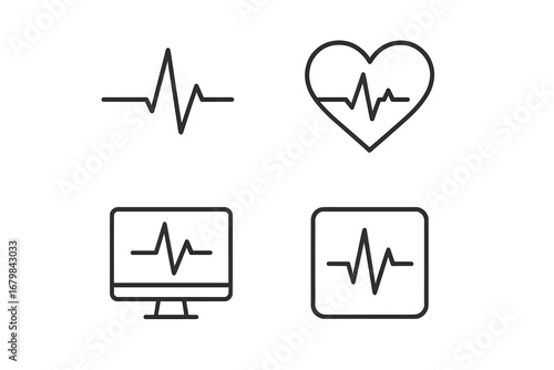 Pulse and Cardiogram Icon Set with Thin Editable Stroke Lines, Heartbeat Monitor Symbols for Medical, Health Apps, Websites, Books, Cards, Transparent Vector Illustration