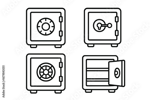 Safe deposit box and bank vault line icon set. Finance security and money protection concept. Vector graphic of closed and open safes with combination lock. Financial safety symbol.