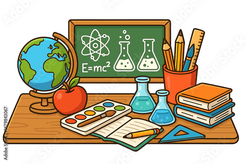 Creative Learning Classroom Desk with School Supplies, Art Tools, Science Equipment, Globe, Books, and Stationery, Educational Vector Cartoon Illustration with Transparent Background
