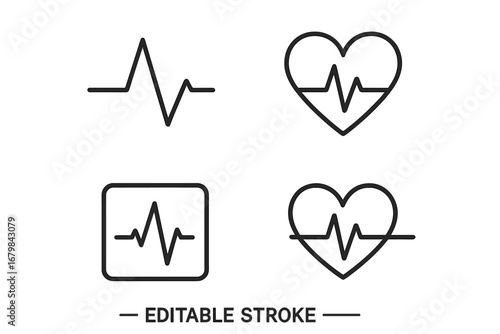 Pulse and Cardiogram Line Icons Collection, Editable Stroke Vector Set, Heartbeat and EKG Symbols for Web, Apps, Cards, Medical and Health Design Elements