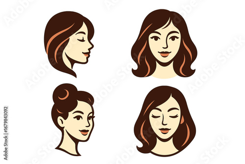 Set of beautiful woman face logo templates. Vector collection of female portraits and heads for beauty salon, spa, cosmetics, or hair stylist brand identity. Elegant girl icon.