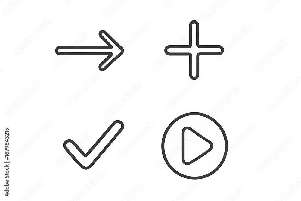 Fototapeta premium Simple linear interface illustration with arrow, plus, checkmark, and play icons for app, web design, cards, posts, and user interface elements in vector cartoon style