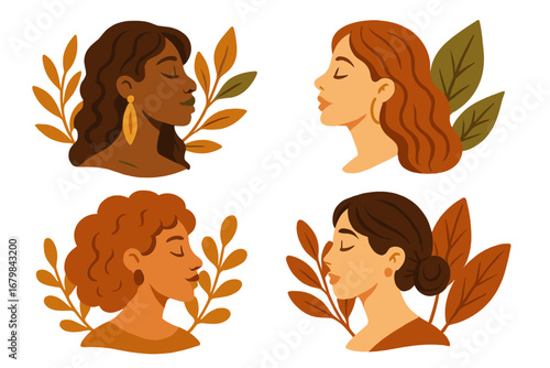 Stylized vector illustrations of diverse women’s profiles with leaves and earthy tones, artistic portraits emphasizing natural beauty, femininity, nature-inspired design, cartoon style graphic