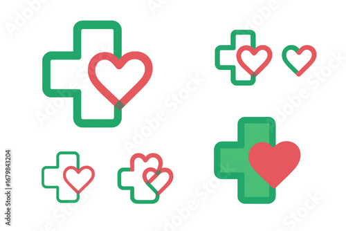 Medical cross with heart logo set. Vector icons for healthcare, clinic, pharmacy branding. Health care symbol, love sign, charity emblem design. Medicine, cardiology, first aid concept.
