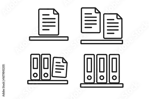 Document and binder outline icon set. Office file storage and organization concept. Archive, paperwork, data management, and bureaucracy symbols. Vector line art with editable stroke.