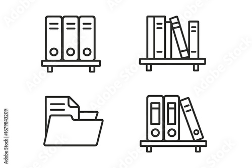 Office documents and file management line icon set. Archive folders, ring binders on a shelf vector symbols. Paperwork, data storage, and bureaucracy concept. Editable stroke.