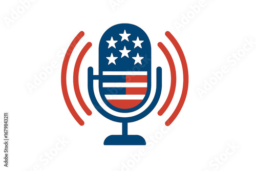 American podcast logo with microphone and USA flag elements. Vector for political debate, news broadcast or radio show. Patriotic media symbol for US elections and journalism.