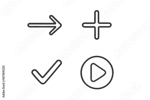 Simple linear interface illustration with arrow, plus, checkmark, and play icons for app, web design, cards, posts, and user interface elements in vector cartoon style