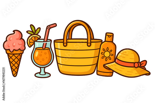 Summer essentials for a perfect beach day with ice cream cone, tropical cocktail, beach bag, sunscreen bottle, and sun hat - vibrant vector cartoon illustration transparent background
