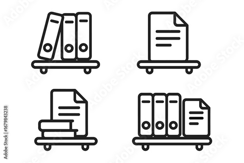Document management outline icon set. Archive binders and folders on shelf. Office paperwork, file storage concept. Data organization and bureaucracy line art vector icons.