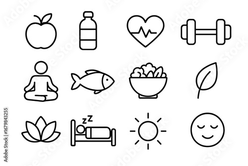 Healthy lifestyle and wellness linear icon set. Vector symbols for health, fitness, nutrition, relaxation, yoga, good sleep, and mental balance. Outline icons for web and mobile.