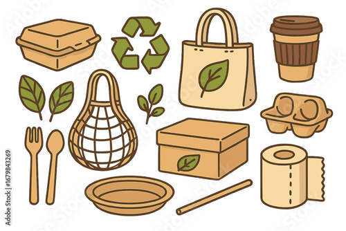 Sustainable packaging and eco-friendly reusable items flat lay vector illustration with natural bags, recycled containers, biodegradable utensils, compostable cups, and green leaves