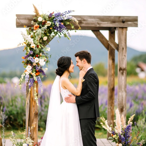 Couple embracing at rustic wedding ceremony