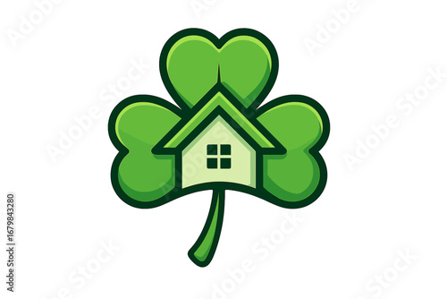 Clover house logo design. Three-leaf shamrock with home symbol for real estate or property business. Vector icon for good luck charm, eco-friendly living, nature concept.