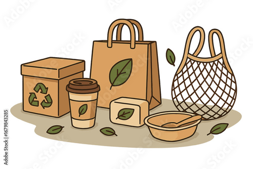 Sustainable Packaging Materials and Eco-Friendly Products Set with Recyclable Box, Biodegradable Cup, Reusable Bags, Soap, and Natural Bowl in Cartoon Vector Illustration