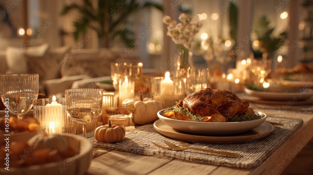 Obraz premium Thanksgiving Dinner Table with Pumpkins, Candles and Roasted Turkey