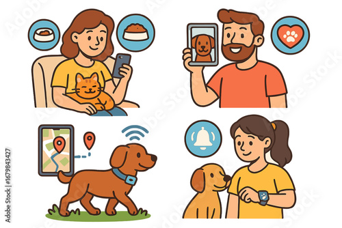 Technology for Pet Owners Enhancing Care and Tracking of Pets in Everyday Life, Vector Cartoon Illustration Set of 4, Smart Devices, Pet Monitoring, GPS Tracking, Digital Pet Care
