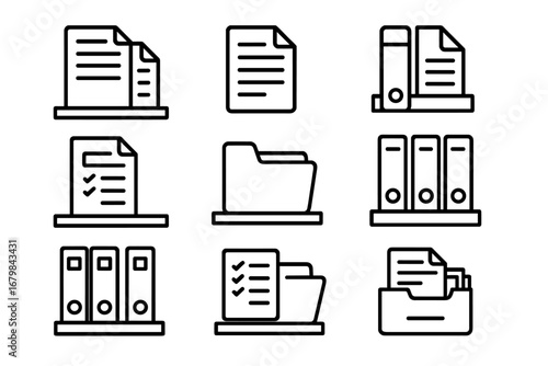 Document management icon set. Office files. Folders and binders on shelf. Archive paperwork storage. Bureaucracy concept. Data organization. Administration symbol. Thin line vector.