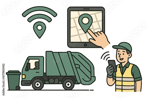 Technology Enhances Waste Management Efficiency with Smart Tracking, Real-Time Service Coordination, GPS Location, and Mobile Communication Vector Cartoon Illustration Transparent Background