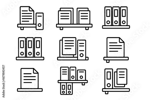 Document and file management icon set. Linear symbols for office paperwork, binders, and folders on shelves. Concepts for archive, data storage, and bureaucracy illustrations.