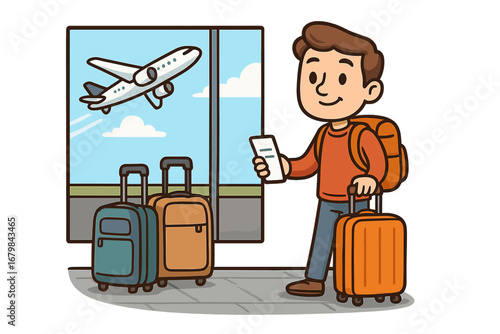 Travel preparations at airport with luggage, airplane taking off, window view, daylight scene, cartoon vector illustration, traveler with suitcase and backpack, vacation and journey concept