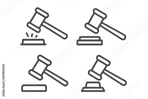 Gavel icon set. Judge hammer line symbol collection. Concept for law, justice, court, auction, and verdict. Editable stroke vector illustration for website, ui, ux design.