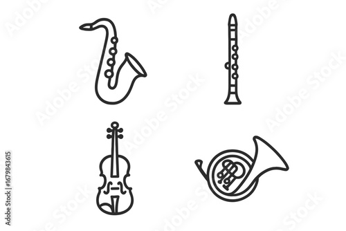 Musical instruments line icon set. Saxophone, clarinet, violin, french horn. Orchestra and jazz band equipment. Simple vector outline symbols for concert, music, sound.