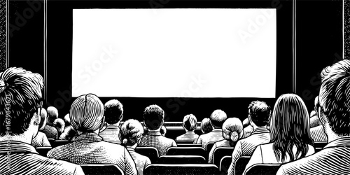Cinema hall view from behind, viewers looking at blank screen, in black and white