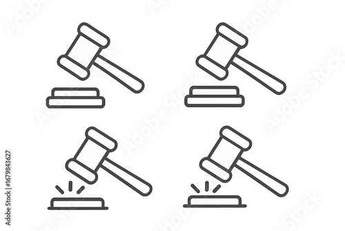 Judge gavel line icon collection. Hammer and sound block outline signs. Law, justice, court, and auction concepts. Legal verdict, authority, legislation, and decision vector symbols.
