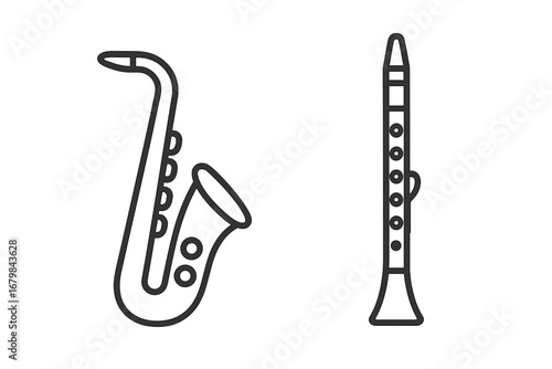 Saxophone and clarinet line icon set. Woodwind musical instruments. Simple outline vector for orchestra, jazz band, or classical music concept. Editable stroke graphic element.