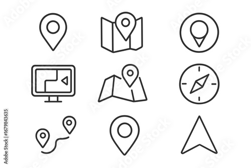 Navigation and location outline icon set. GPS map and destination symbols in a minimal line style. Vector collection for travel, direction, and route finding concepts.