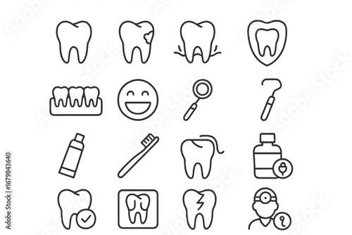 Teeth and Stomatology Thin Line Icon Collection, Editable Stroke, Vector Dental Health Symbols for Websites, Apps, Books, Cards, Transparent Background