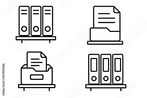 Office documents and file storage line icon collection. Archive binders and folders on a shelf. Data organization, paperwork management, and business bureaucracy concept.
