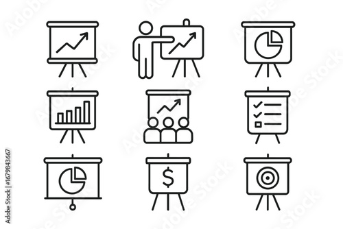 Presentation board line icon collection. Editable stroke vector icons for business, meeting, training. Flip chart with graph, data analytics, finance, target goal, checklist.