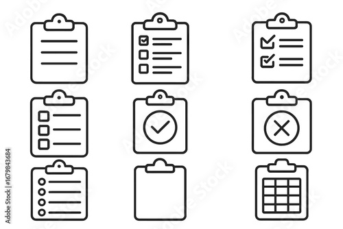 Clipboard outline icon set for task management and planning. Vector symbols for checklist, survey, report, schedule, and document. Editable stroke icons for web and apps.
