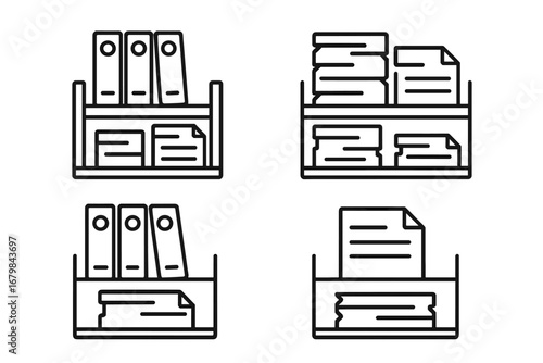 Archive shelves simple line icon set. Office document and file storage. Paperwork and bureaucracy concept. Data organization and information management. Vector icons collection.