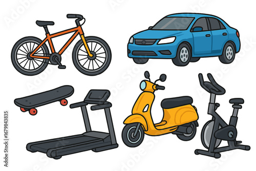 Various modes of transportation and exercise equipment in modern vector cartoon style for lifestyle, fitness, and urban mobility concepts